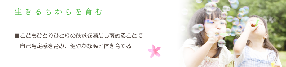 生きるちからを育む。こどもひとりひとりの欲求を満たし褒めることで自己肯定感を育み、健やかな心と体を育てる。